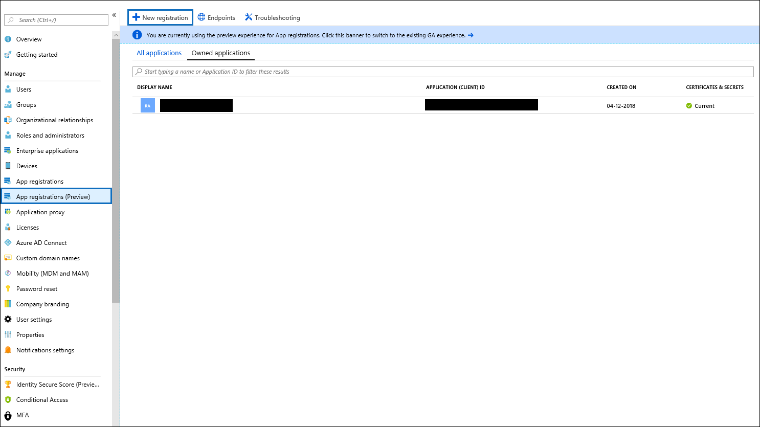 Create une nouvelle inscription d’application.