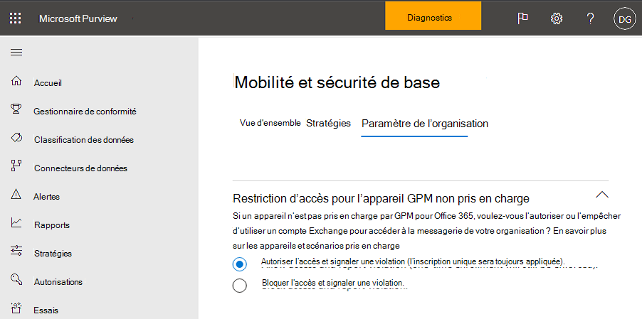 Mobilité et sécurité de base option bloquer l’accès.