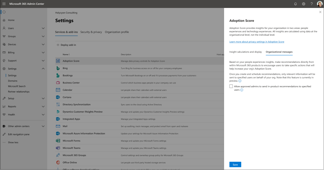 Capture d’écran : Comment activer les messages organisationnels dans le score d’adoption.