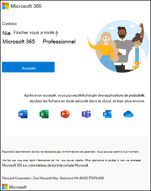 Capture d’écran : Accepter l’invitation à rejoindre Microsoft 365 pour les entreprises organization