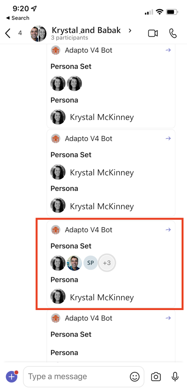 Capture d’écran montrant un autre exemple d’icône de personnes dans un personnage et un personnage définis dans le client mobile Teams.