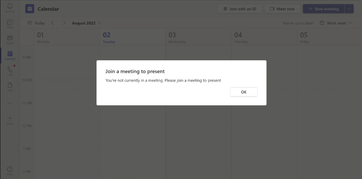 La capture d’écran est un exemple qui montre une fenêtre contextuelle quand aucune réunion n’est en cours.