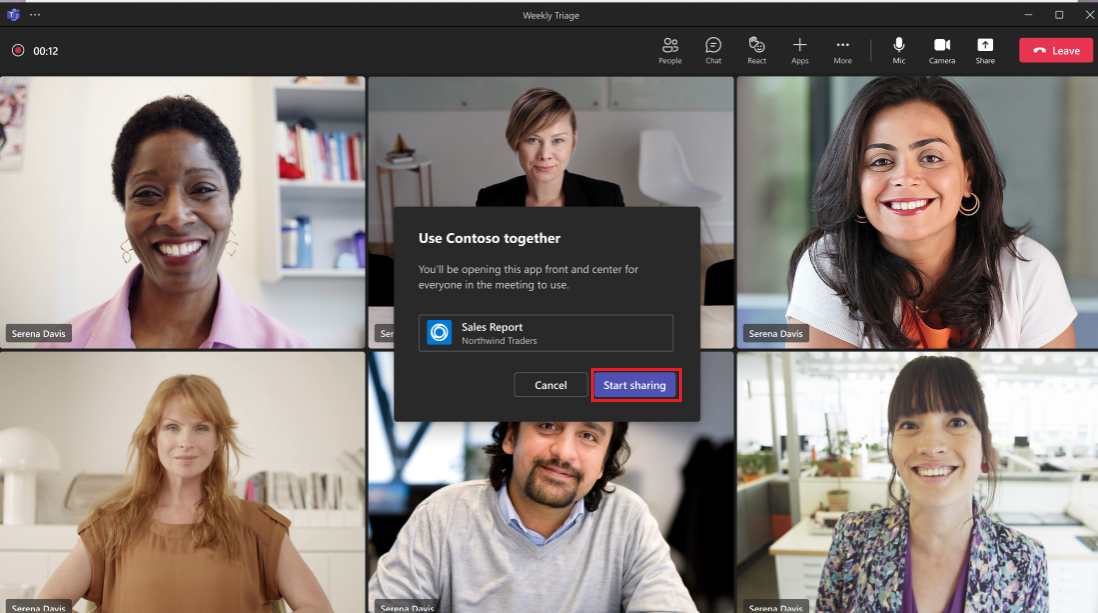 Capture d’écran montrant comment partager des applications dans une réunion Teams.