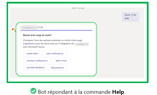 Le graphique montre un exemple de bot envoyant une réponse valide à la commande d’aide.