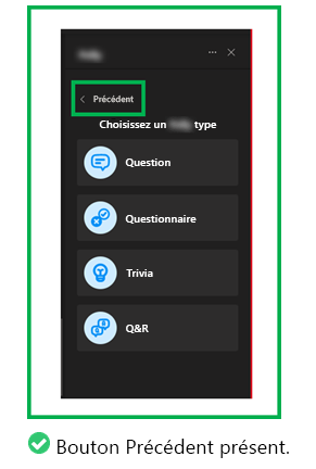 Le graphique montre un exemple de bouton Précédent présent.