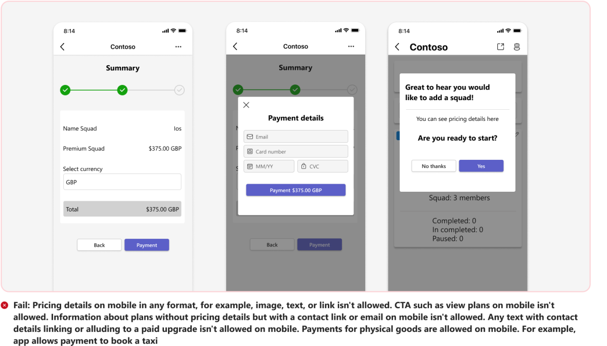 Le graphique montre un exemple de détails de tarification sur mobile.