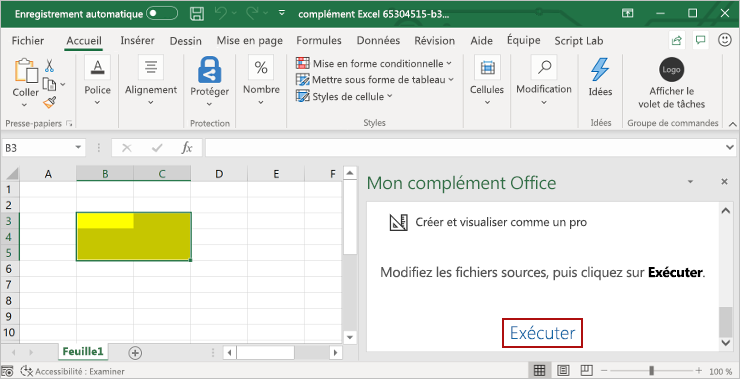 Excel avec le volet Office du complément ouvert et le bouton Exécuter mis en surbrillance dans le volet Office du complément.