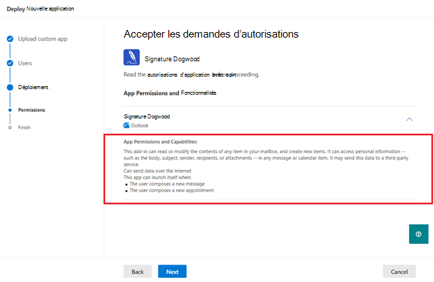 Écran « Accepter les demandes d’autorisations » lors du déploiement d’une nouvelle application.