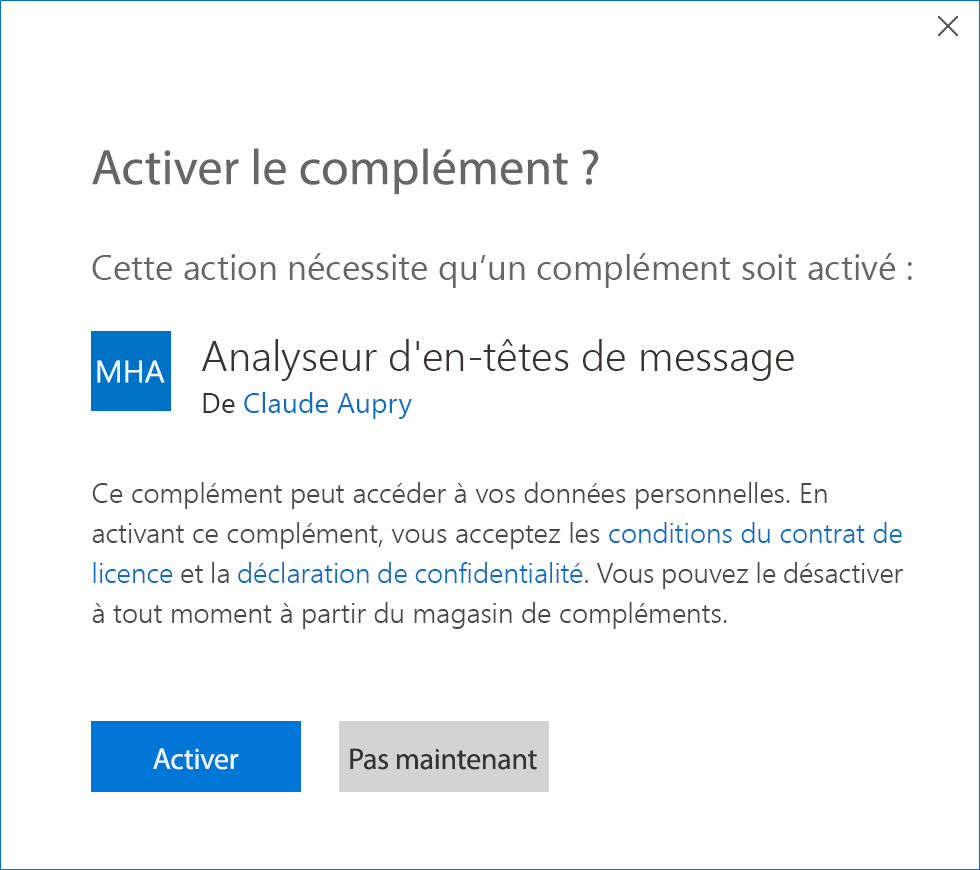 Capture d’écran de l’invite d’installation d’un complément lorsqu’il est appelé à partir d’un message actionnable.