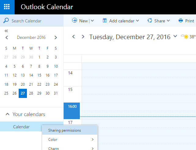 Capture dʼécran montrant la sélection de lʼoption Autorisation du Calendrier OWA dans la fenêtre du calendrier Outlook.