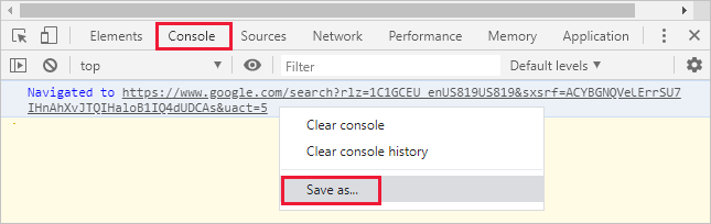  Screenshot of the Google Chrome developer tools with console tab selected and save as option shown.