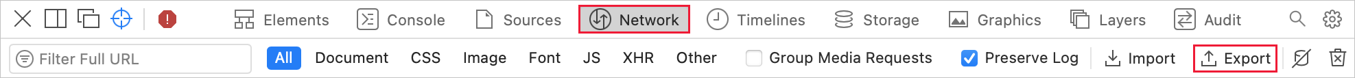 Screenshot of the Network tab with export option selected.
