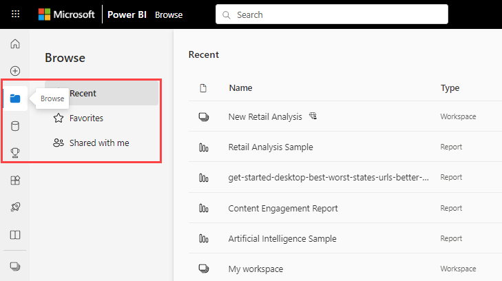 Screenshot of the new Browse page in the Power BI service.