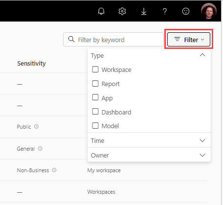 Screenshot that shows the expanded filtering experience that lets you filter by type, time, and owner.