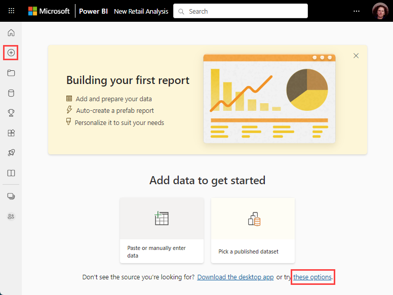 Screenshot showing the new experience for loading data in the Power BI service.