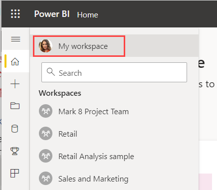 Screenshot that shows the My Workspace item above the Search box on the Workspaces extended menu.