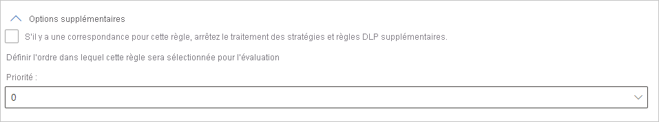 Capture d’écran de la section Options supplémentaires pour une stratégie DLP.