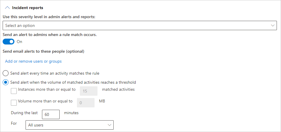 Capture d’écran de la section Rapports d’incidents pour une stratégie DLP.