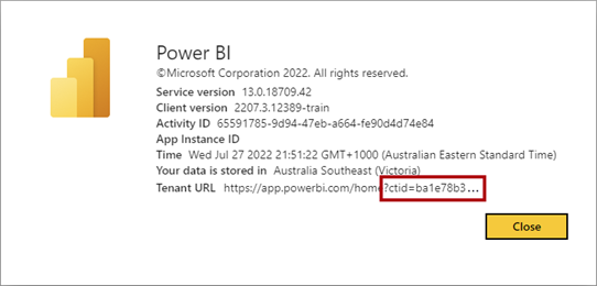 Capture d'écran de la fenêtre de dialogue À propos de Power BI avec l'ID du locataire du client en surbrillance.