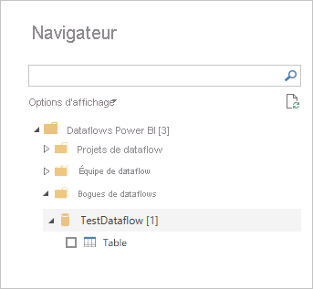 Capture d’écran du Navigateur dans Power BI Desktop avec le choix des flux de données auxquels se connecter.