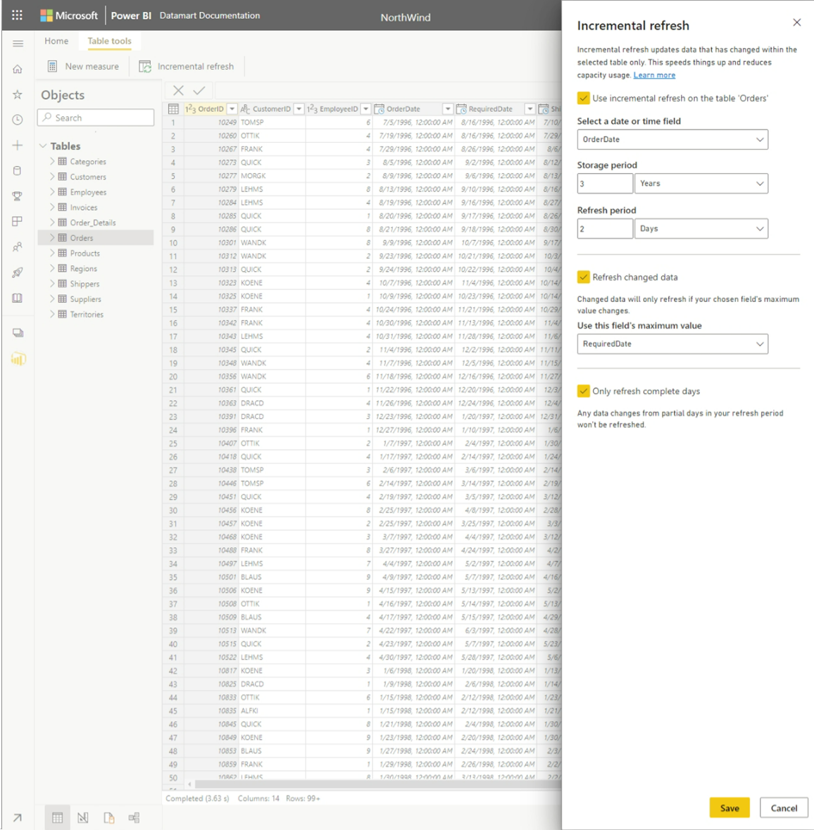 Capture d’écran de la configuration de l’actualisation incrémentielle pour une table dans un datamart.