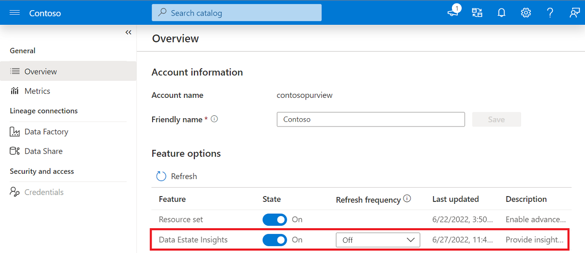 Capture d’écran de la fenêtre Vue d’ensemble dans la section Gestion du portail de gouvernance Microsoft Purview. Sous Options de fonctionnalité, l’option Insights sur le patrimoine de données est mise en surbrillance.