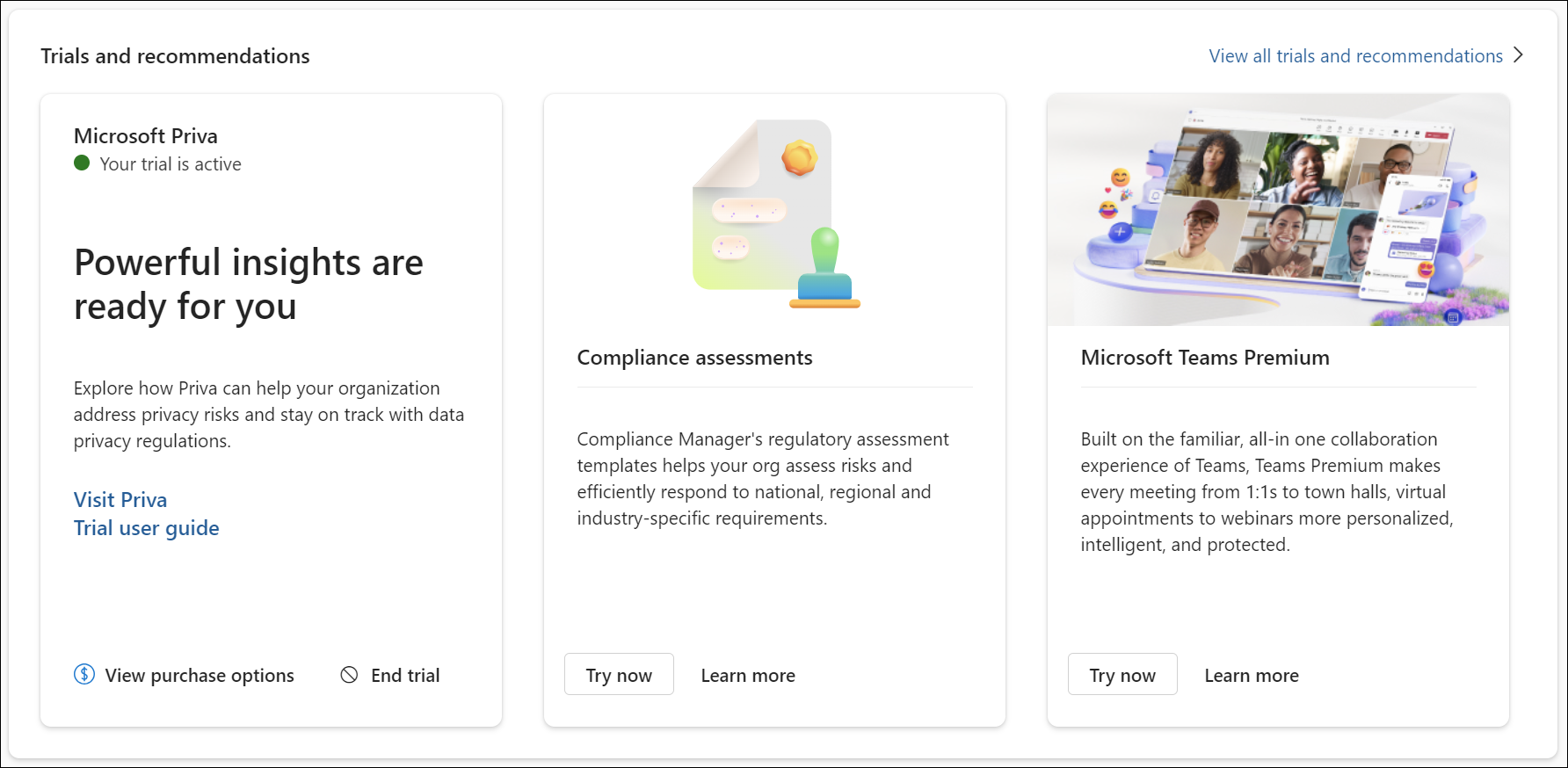 Carte d’évaluation et de recommandations du portail Microsoft Purview.