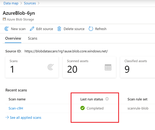 Capture d’écran d’une page de détails source avec une analyse montrant une status terminée.