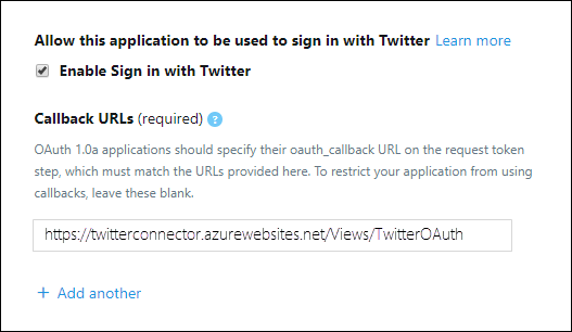 Autoriser l’application de connecteur à se connecter à Twitter et ajouter l’URI de redirection OAuth.