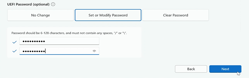 Capture d’écran de Définir le mot de passe UEFI pour Surface Hub.