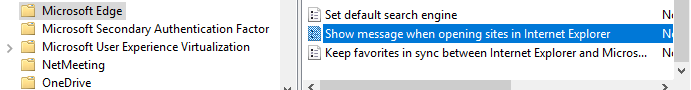 Capture d’écran du message Afficher lors de l’ouverture de sites dans la stratégie Internet Explorer Microsoft Edge dossier.