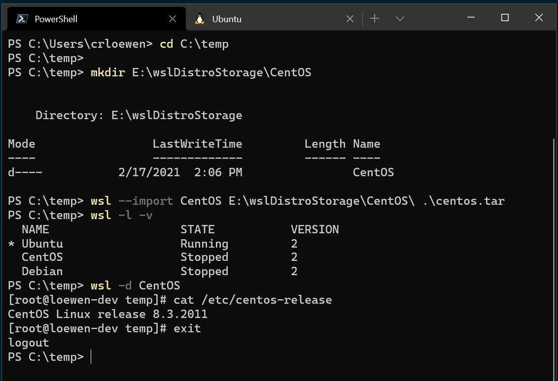 Example of the above commands running in WSL