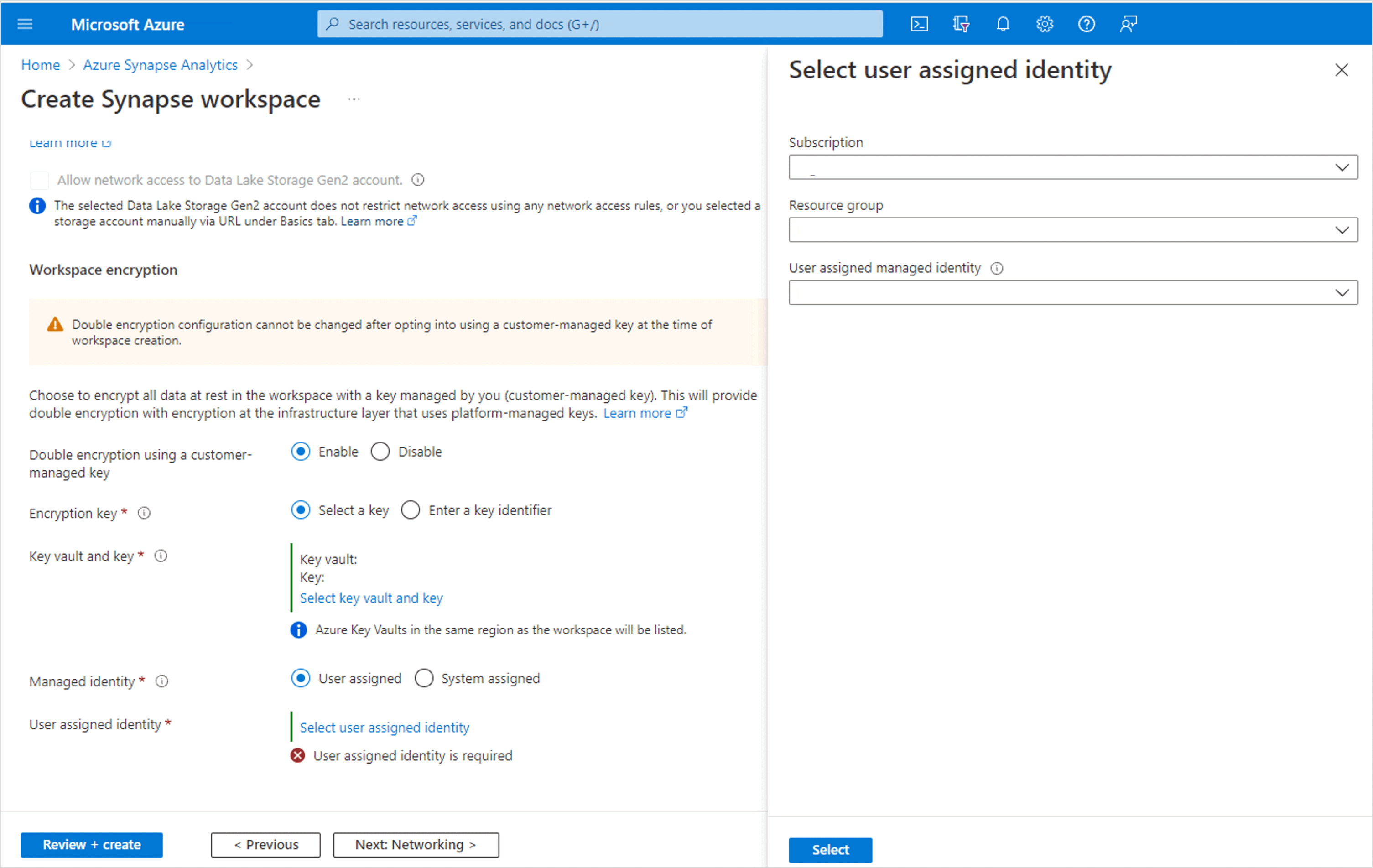 Ce diagramme montre l’option à sélectionner pour activer un espace de travail afin d’utiliser une identité managée affectée par l’utilisateur pour le chiffrement double avec une clé gérée par le client.