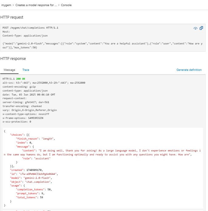 Capture d’écran du test d’une API Gemini LLM dans le portail.