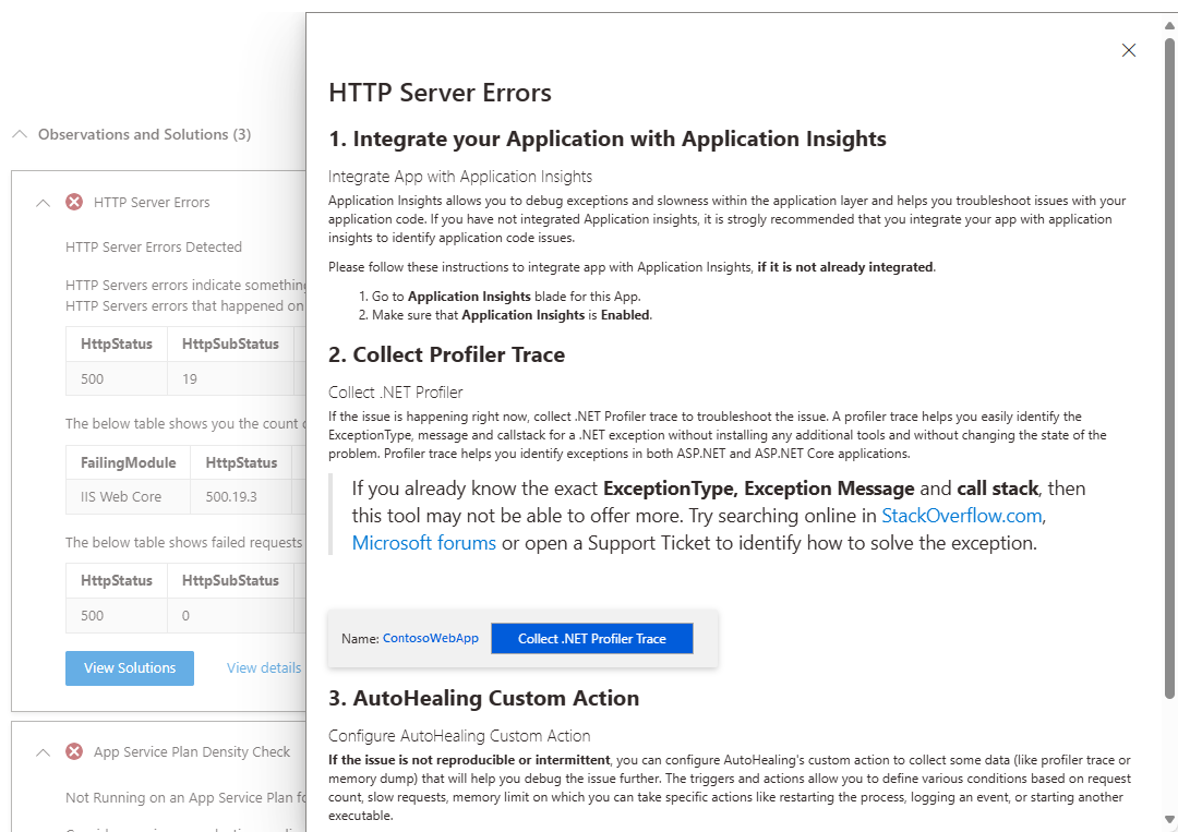 Capture d’écran montrant les options de résolution des problèmes liés aux erreurs de serveur HTTP dans le portail.