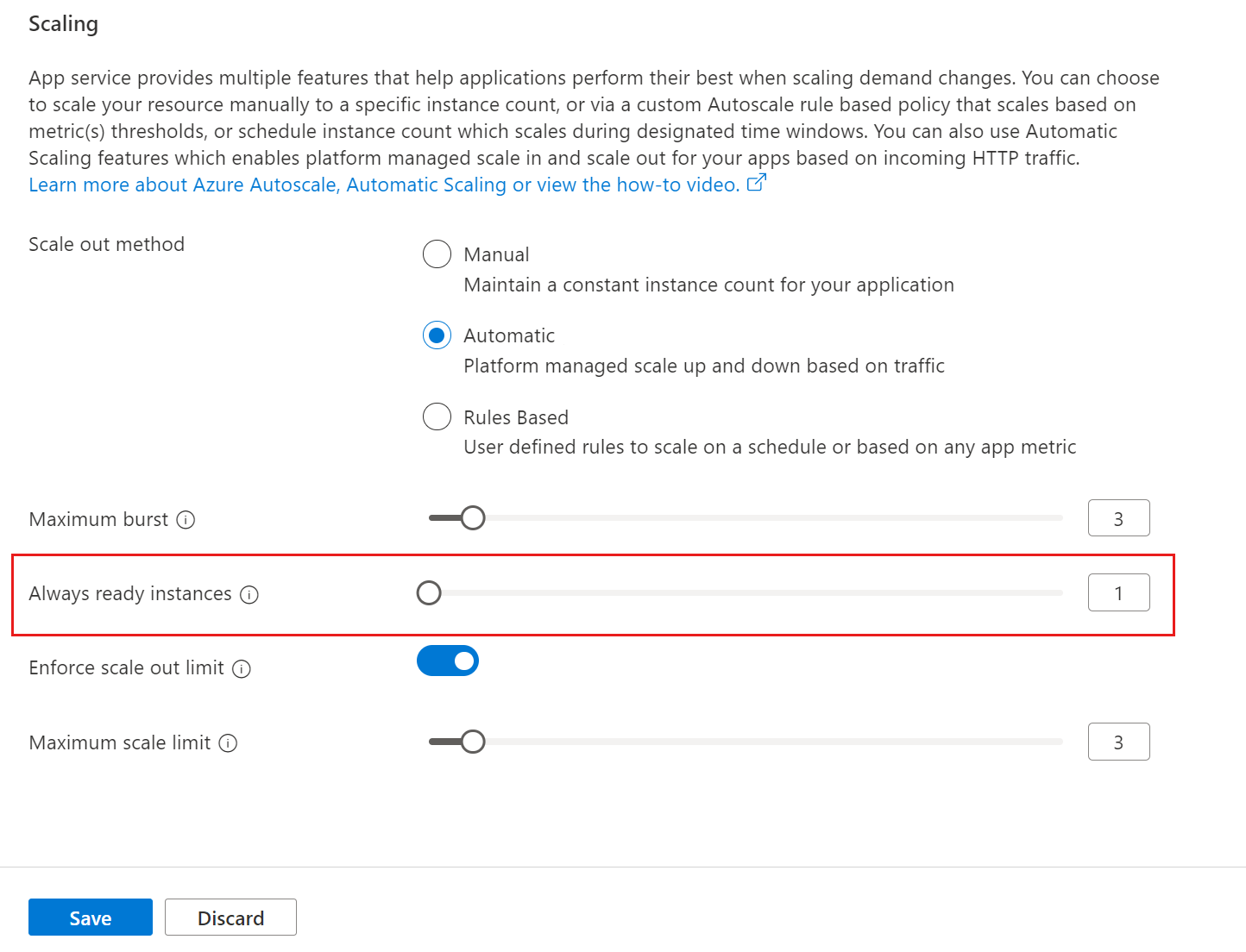 Capture d’écran des instances toujours prêtes.