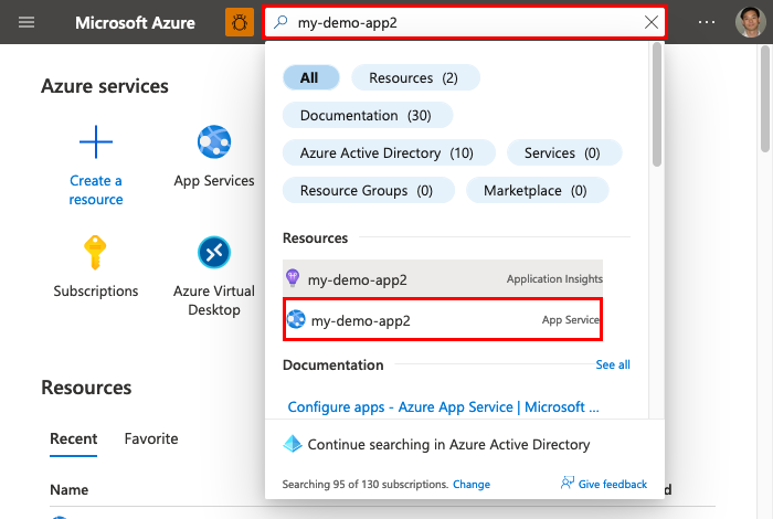 Capture d’écran montrant comment utiliser la zone de recherche dans la barre d’outils supérieure pour ouvrir la page de gestion de votre application App Service.