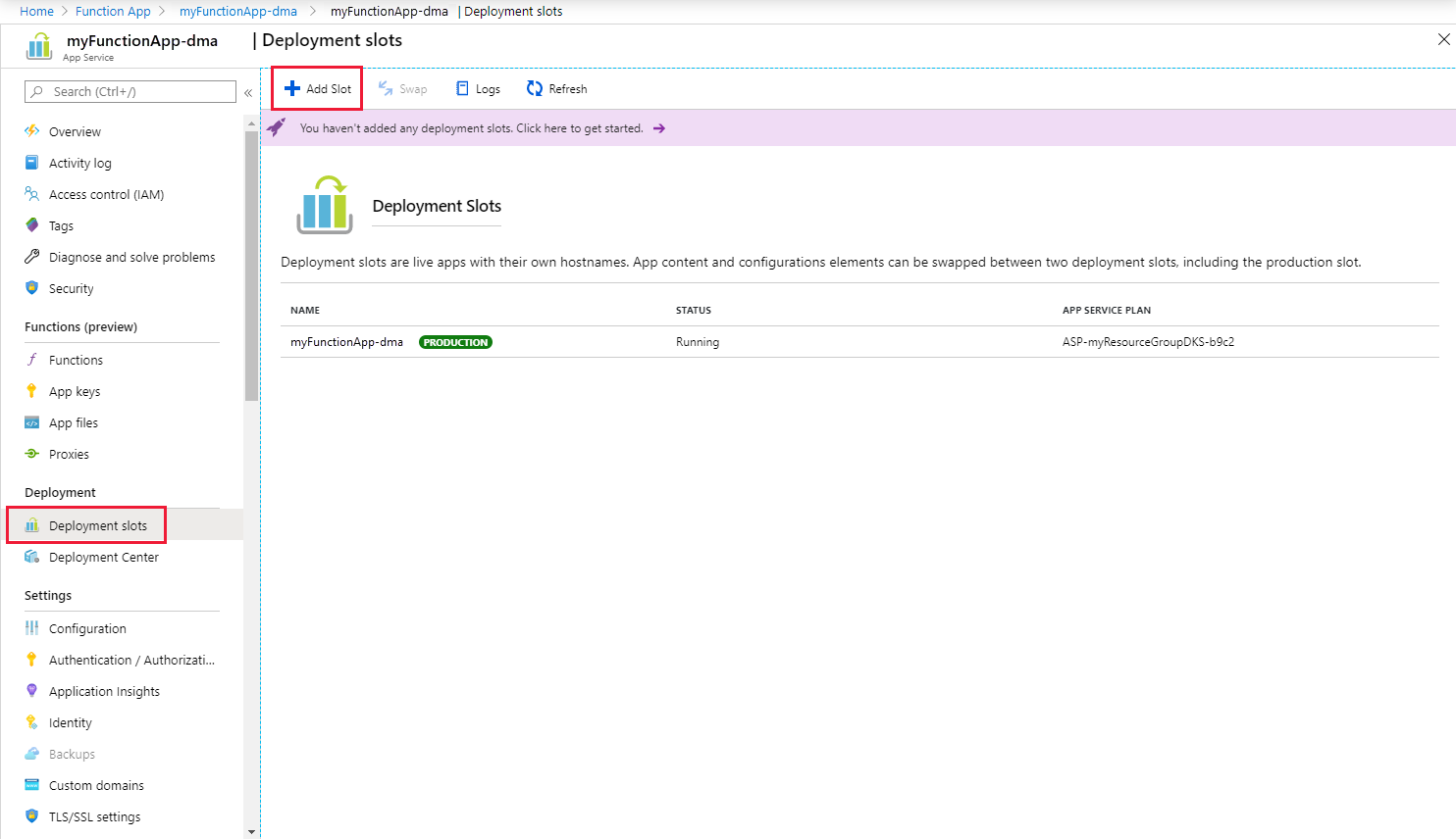 Capture d’écran montrant l’ajout d’un emplacement de déploiement Azure Functions.