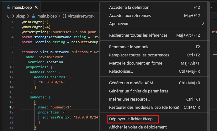 Capture d’écran de l’option Déployer un fichier Bicep.