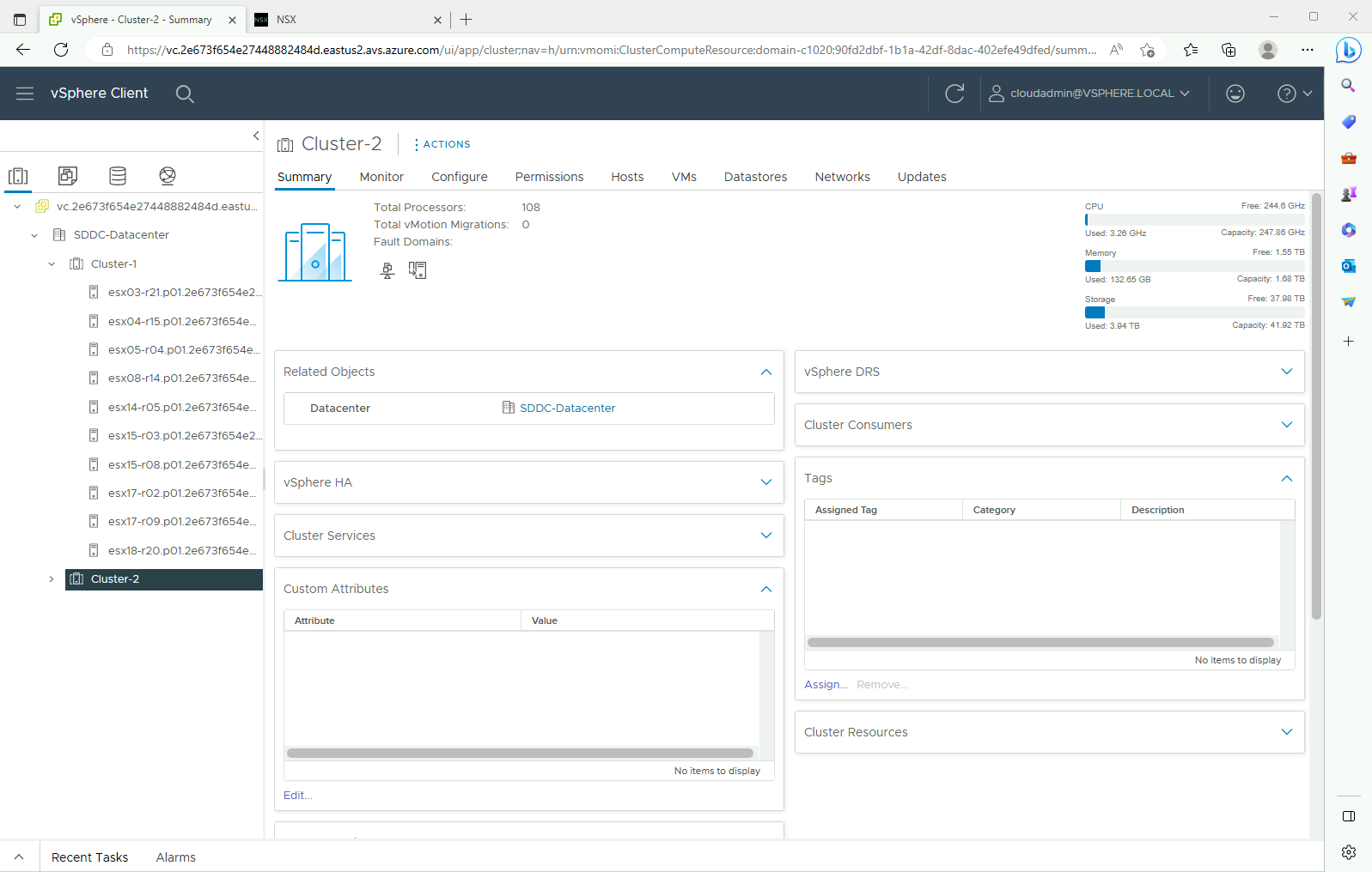 Capture d’écran montrant un résumé de Cluster-1 dans le client vSphere.