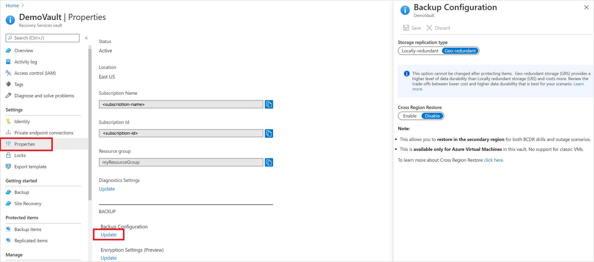 Capture d’écran de la configuration du stockage pour un nouveau coffre.