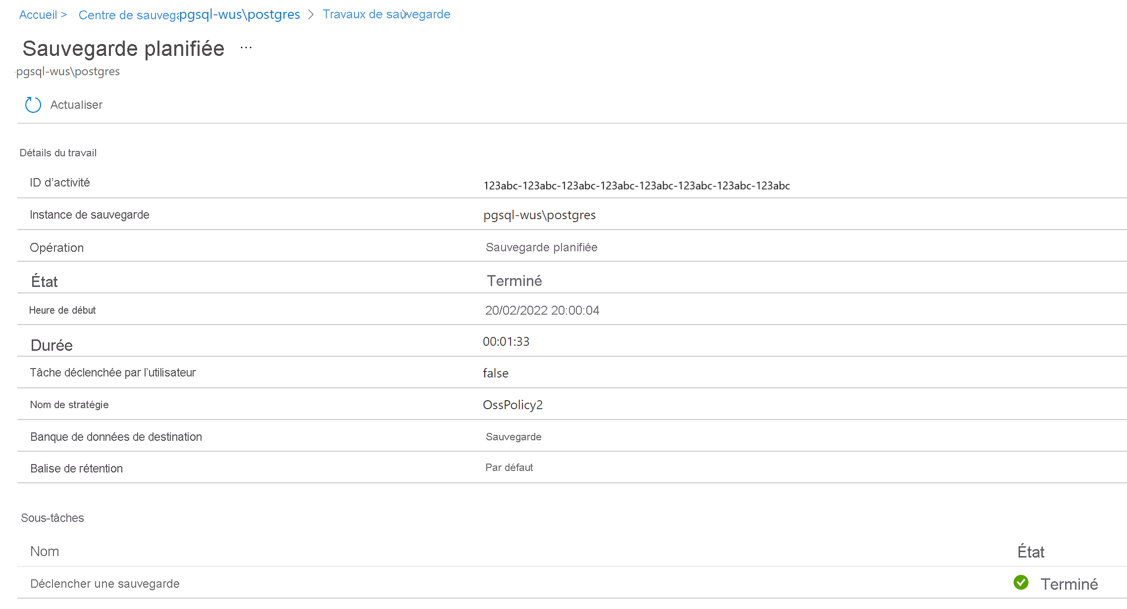 Capture d’écran montrant les détails d’un travail sélectionné.