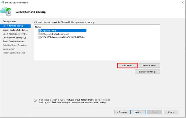 Capture d’écran montrant comment ajouter des éléments à la sauvegarde.