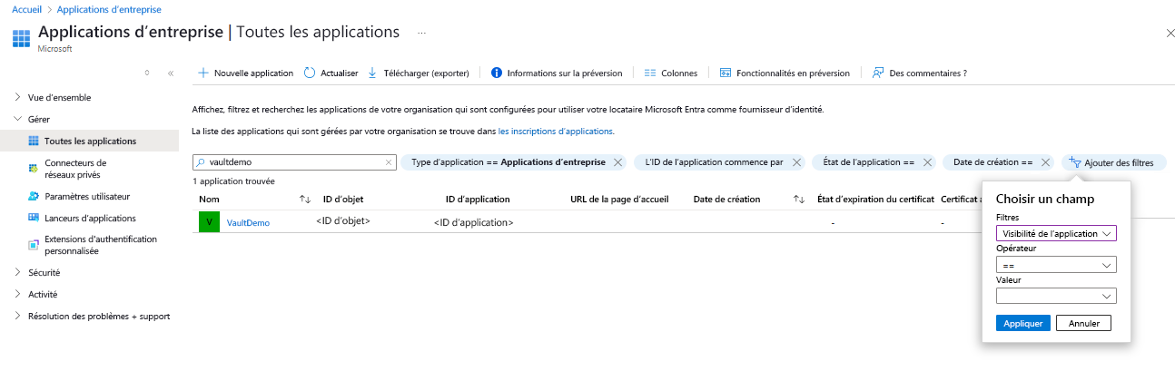 Capture d’écran montrant le processus de copie de l’ID d’application du coffre.