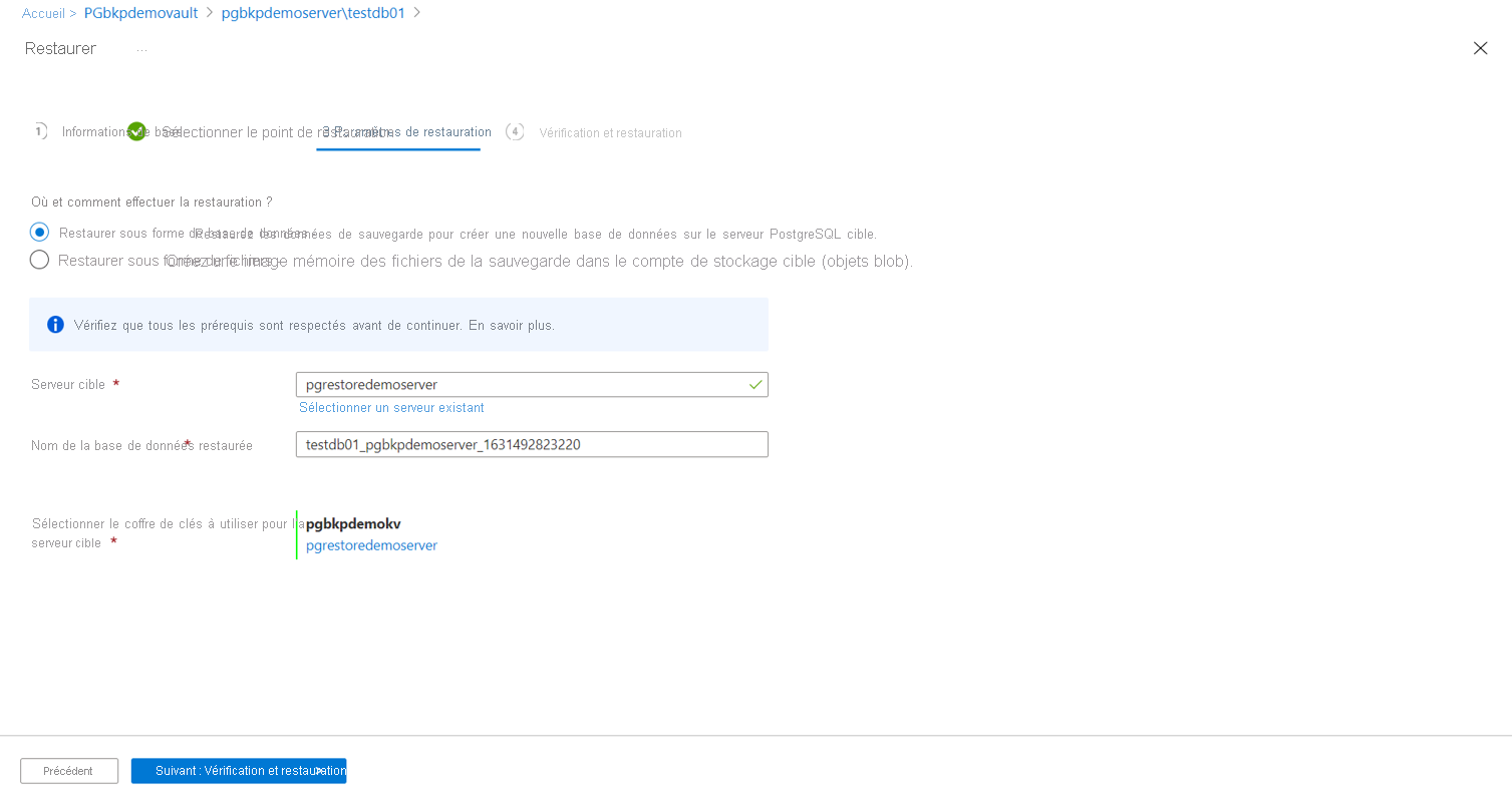 Capture d’écran montrant l’option sélectionnée pour restaurer en tant que base de données.