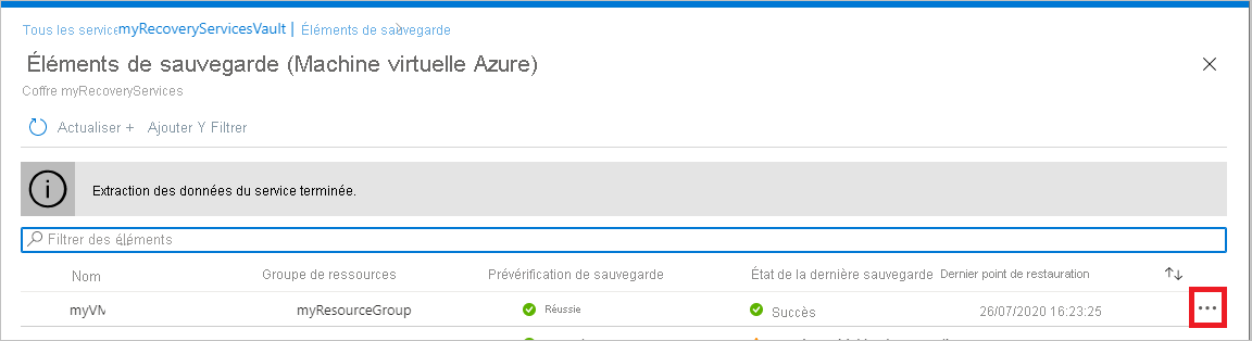 Capture d’écran montrant le bouton de sélection d’un élément de sauvegarde.