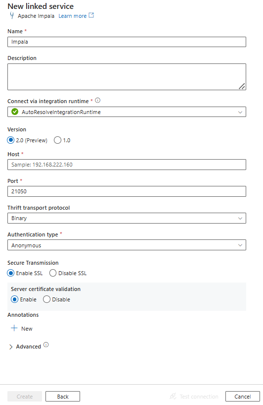 Capture d’écran de la configuration du service lié pour Impala.