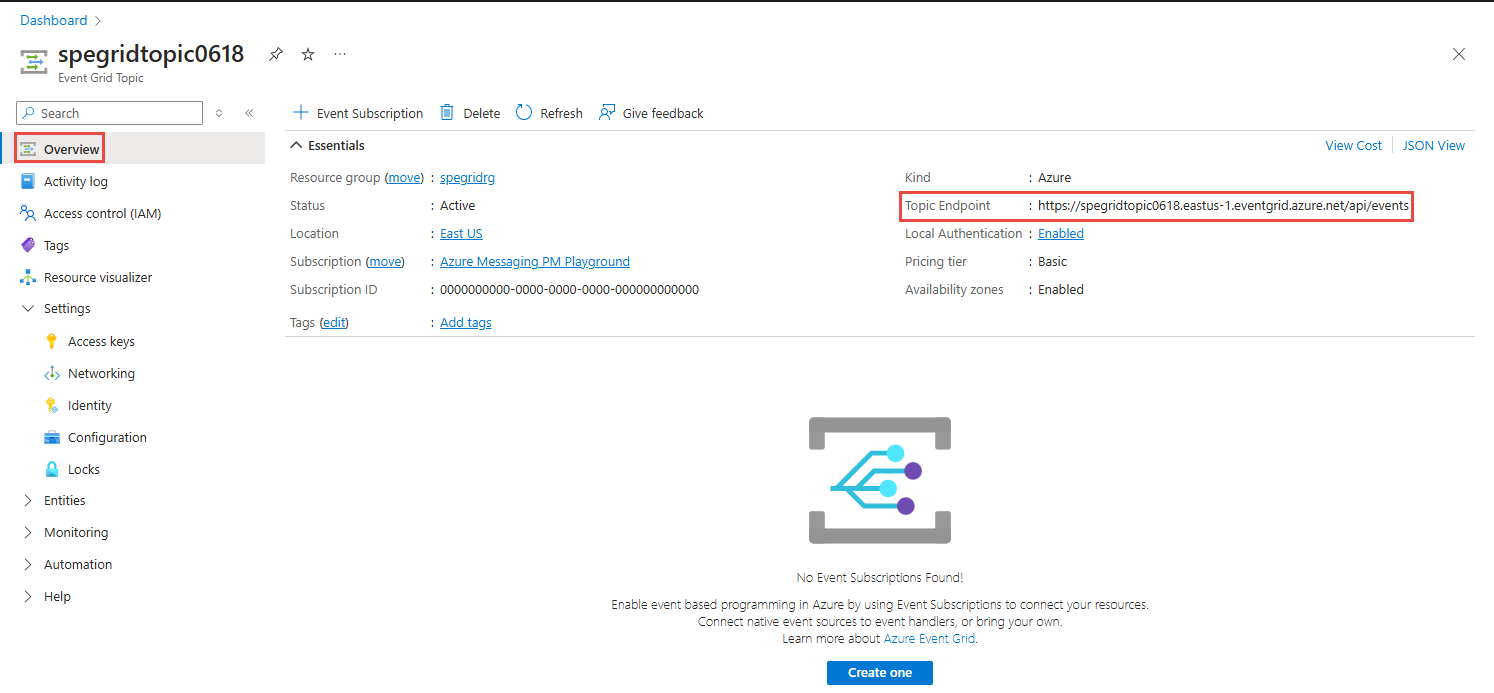 Capture d’écran qui montre la page de la rubrique Event Grid sur le Portail Azure avec le point de terminaison de la rubrique en surbrillance.