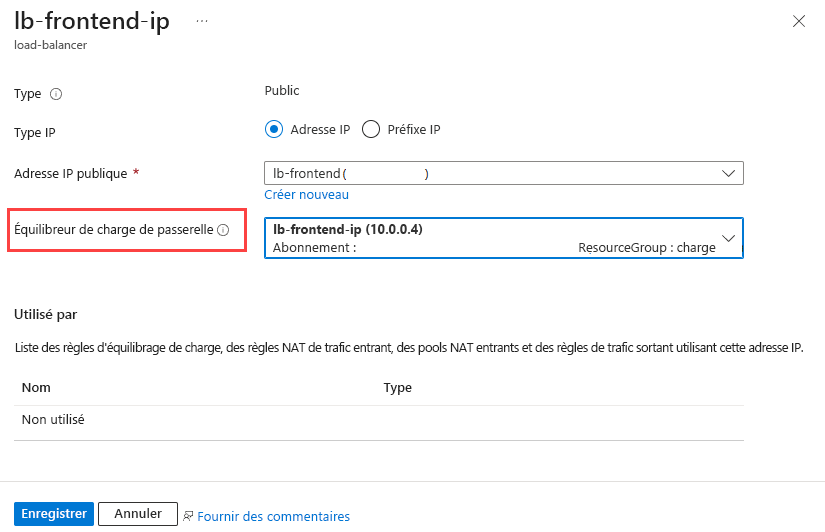 Capture d’écran de l’ajout d’un équilibreur de charge de passerelle à l’adresse IP de front-end.