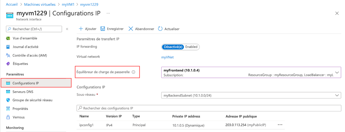 Capture d’écran de la configuration&nbsp;IP de la carte d’interface réseau.